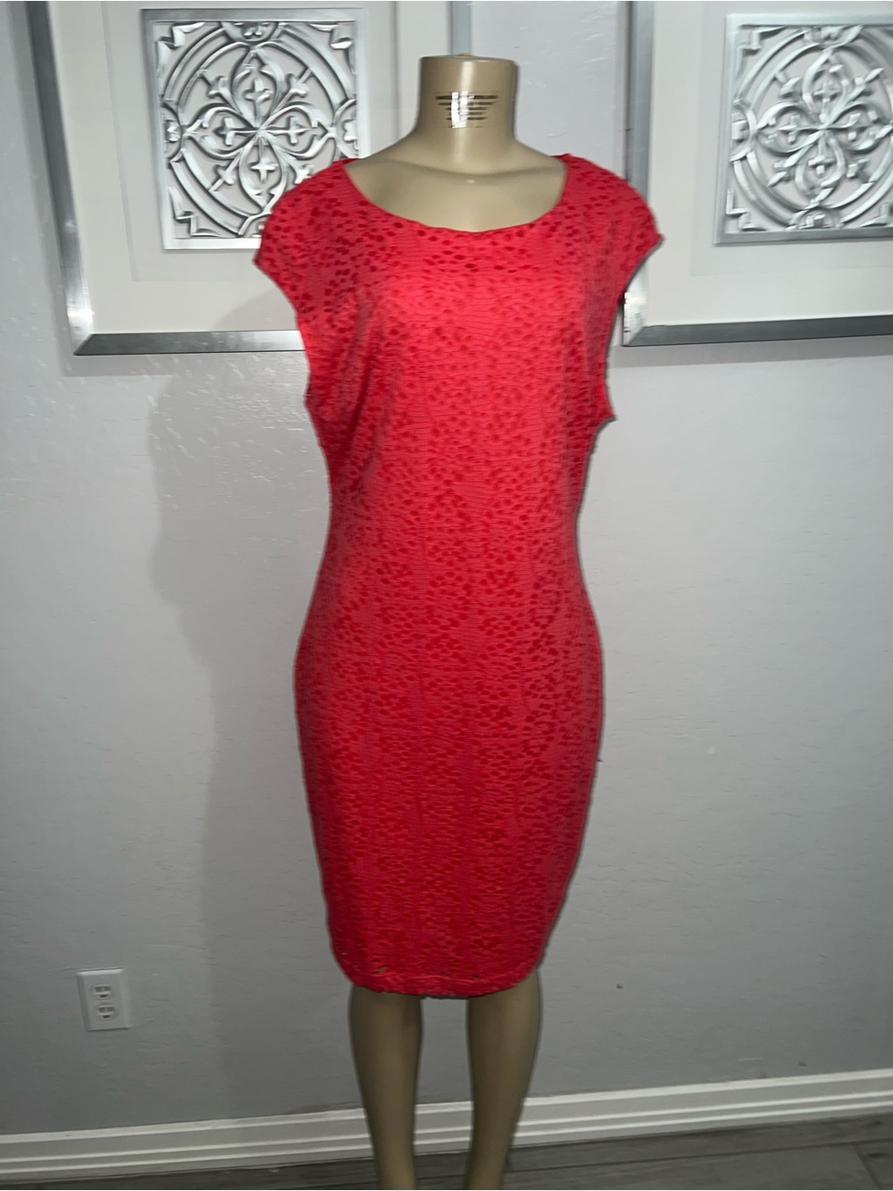 Bisou Bisou Coral Red Lace Midi Dress